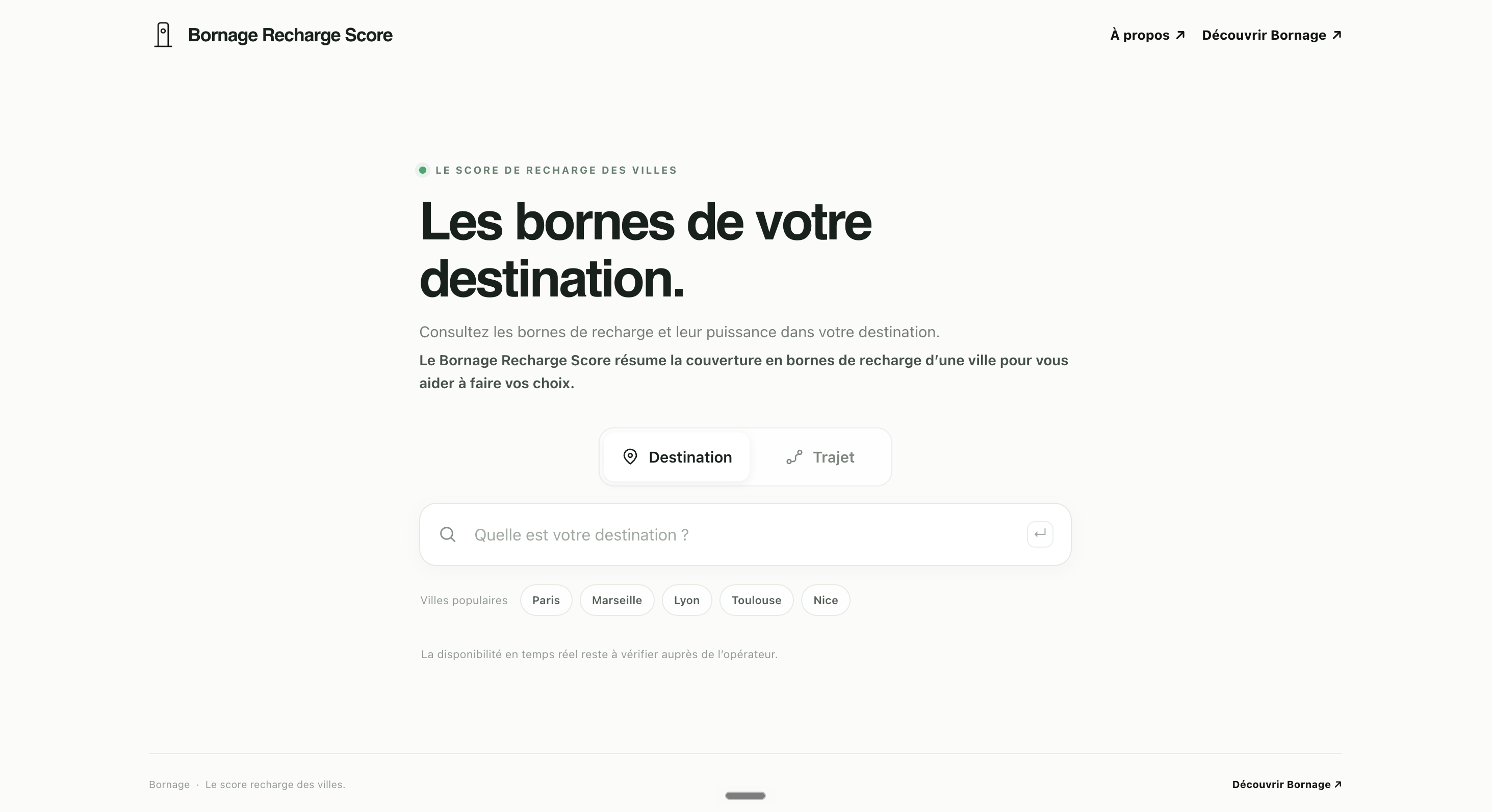 Nouvelle page d’accueil du Bornage Recharge Score, avec la recherche de destination