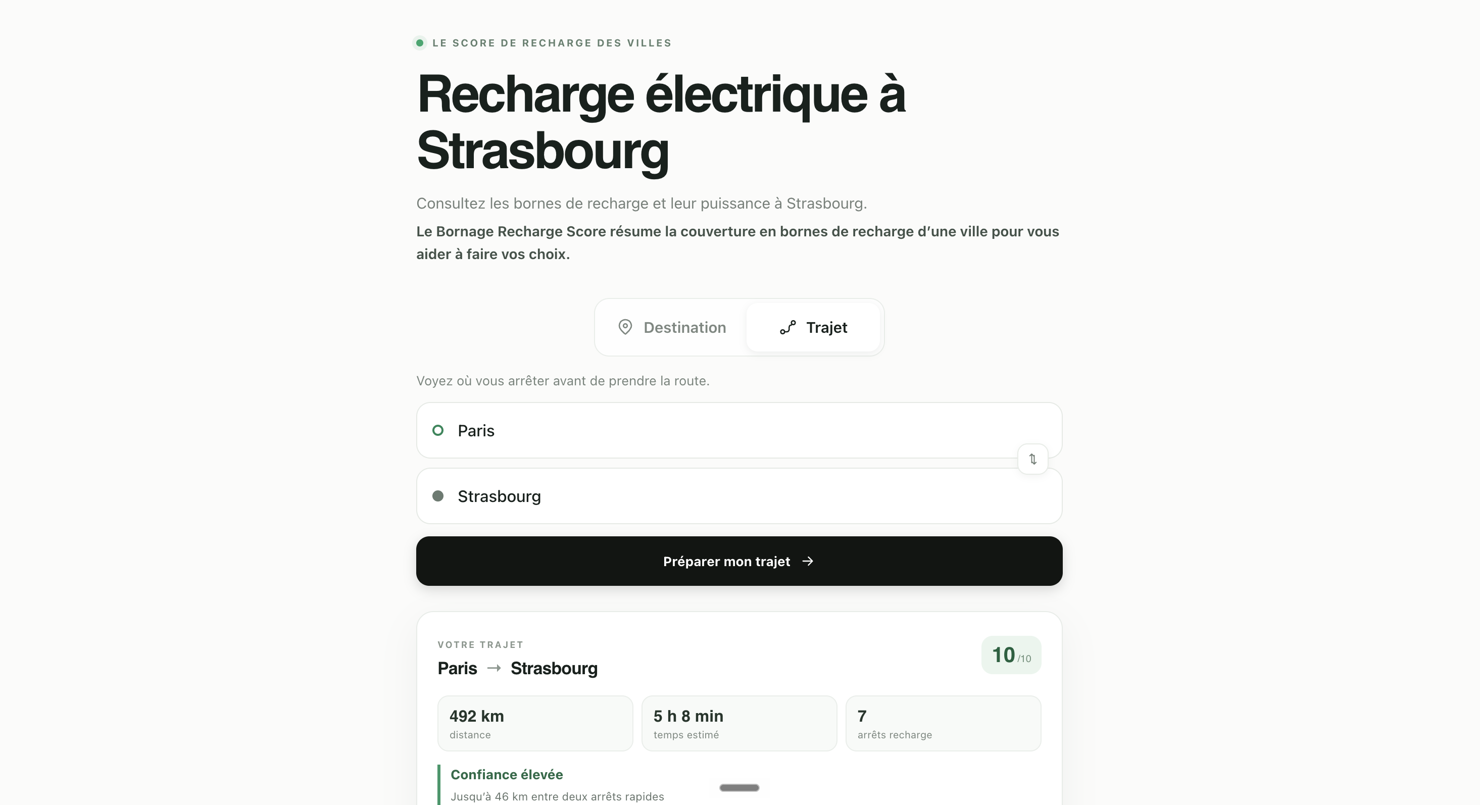Écran de préparation d’un trajet Paris-Strasbourg dans le Recharge Score
