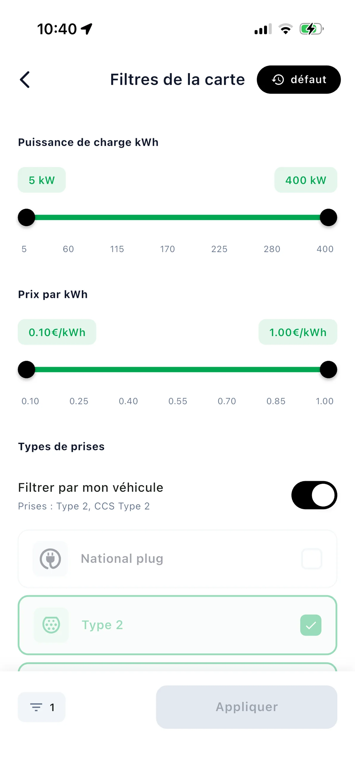 Afficher uniquement les bornes adaptées à votre voiture