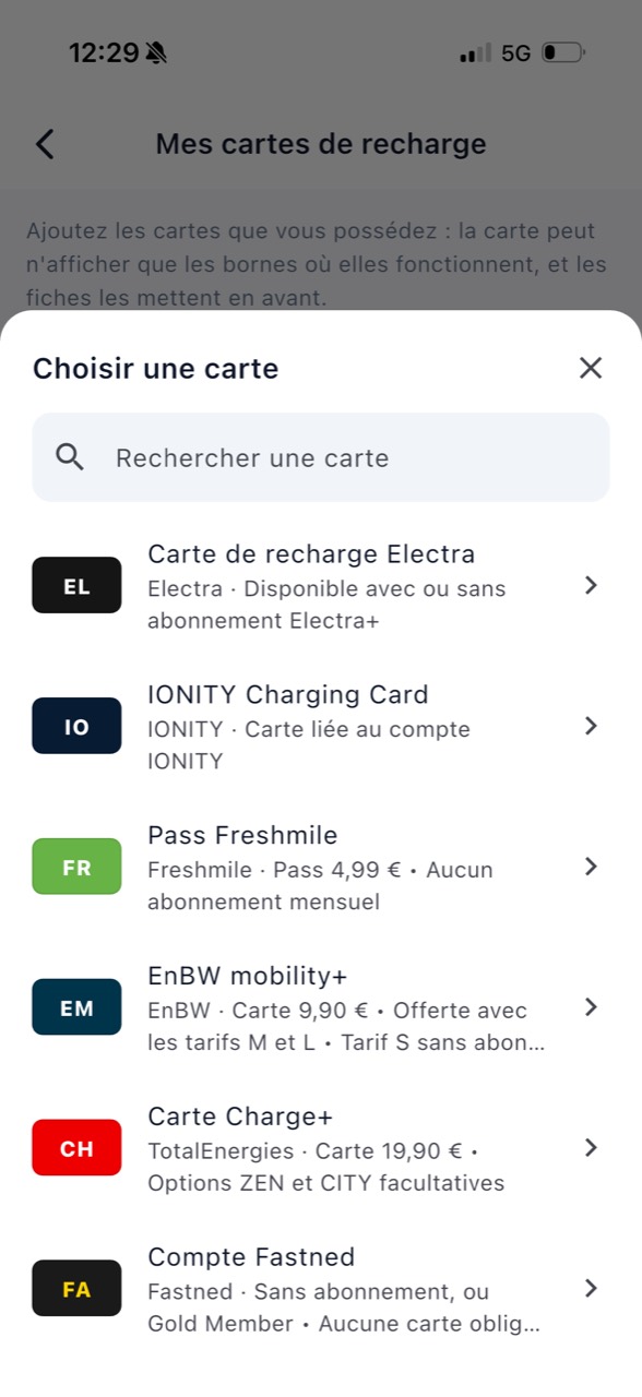 Catalog of charging cards to add in charging station