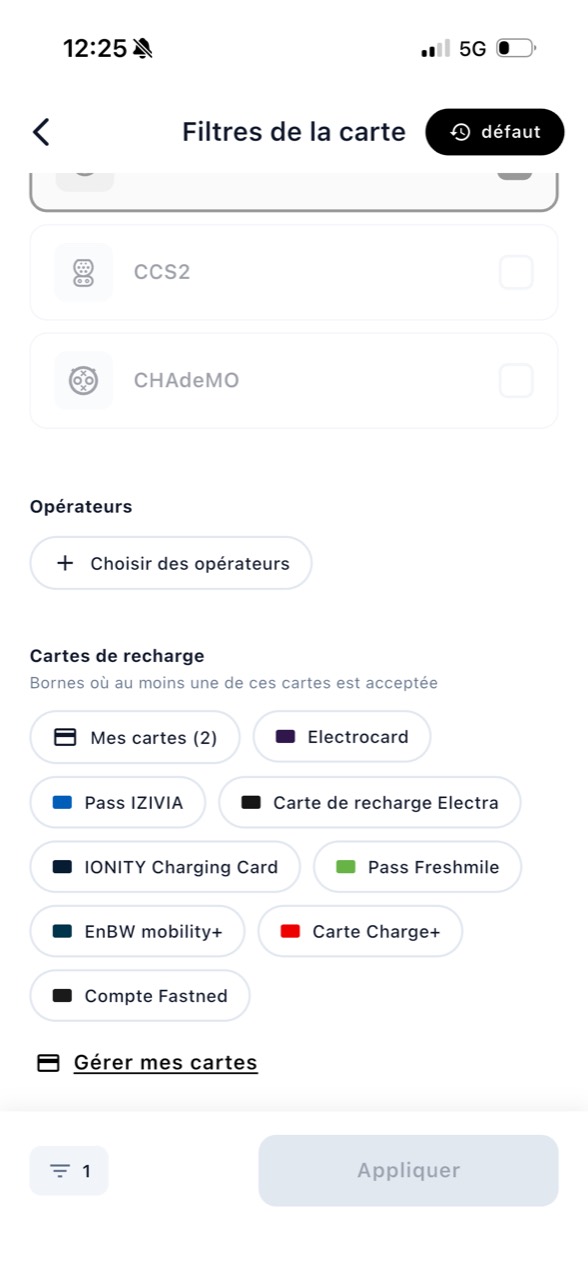 Filtres par opérateur et cartes de recharge