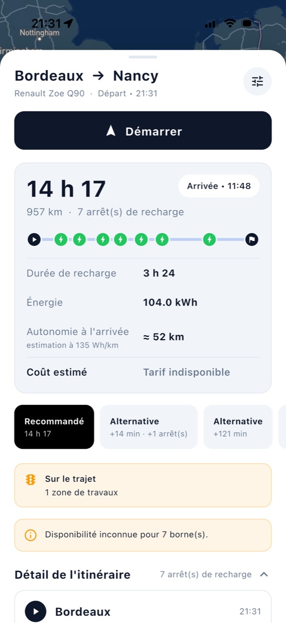 Aperçu d’un itinéraire avec les arrêts de recharge