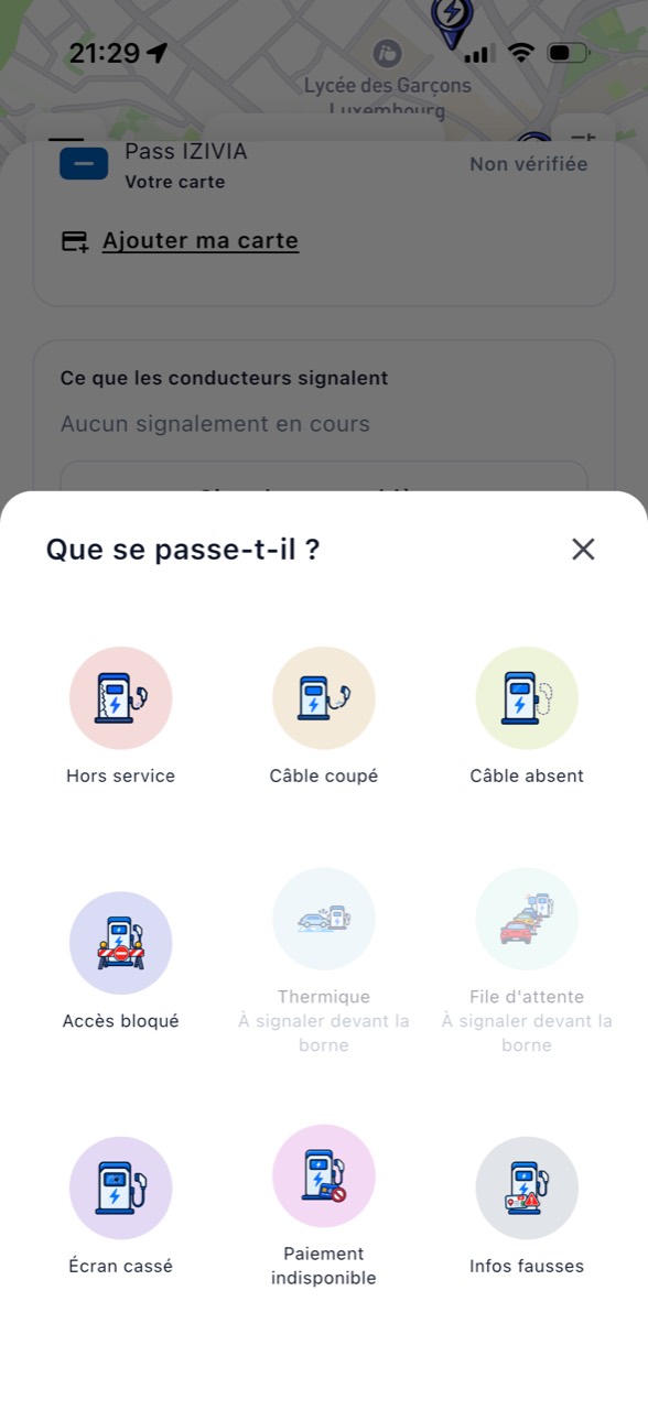 Choix d’un problème à signaler sur une borne de recharge