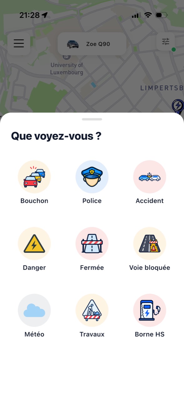 Choix d’un signalement routier : bouchon, police, accident, route fermée ou travaux