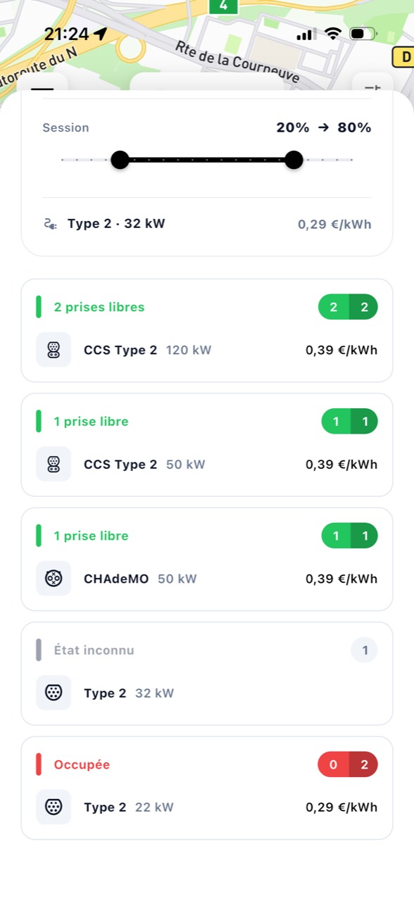 Availability of connectors and prices on the charging station sheet