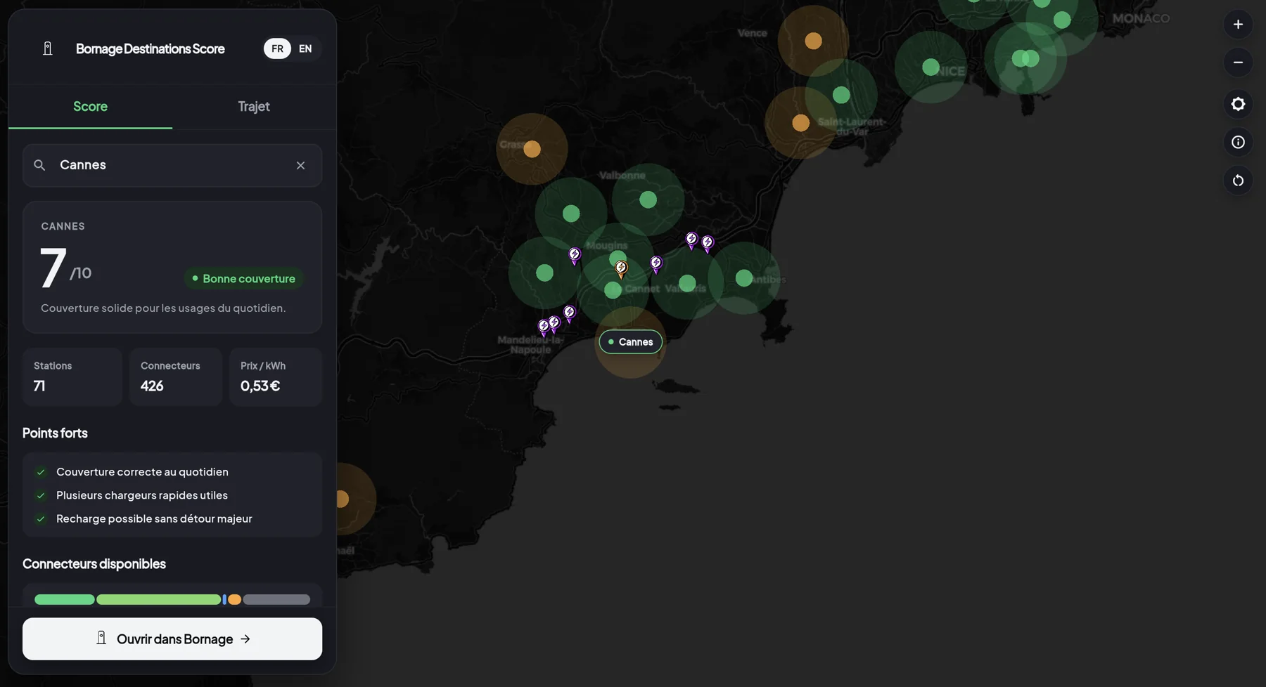 Le Bornage Destination Score affichant la note de recharge de Cannes.